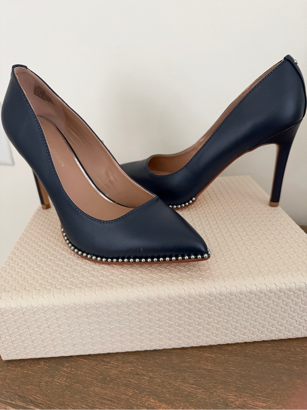 BCBGeneration Navy Pointed Toe Stiletto Pumps with Stud Trim